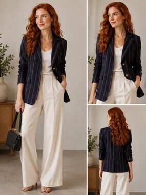 Talbots Blue Blazer with Pinstripe Pattern and Notched Lapel
